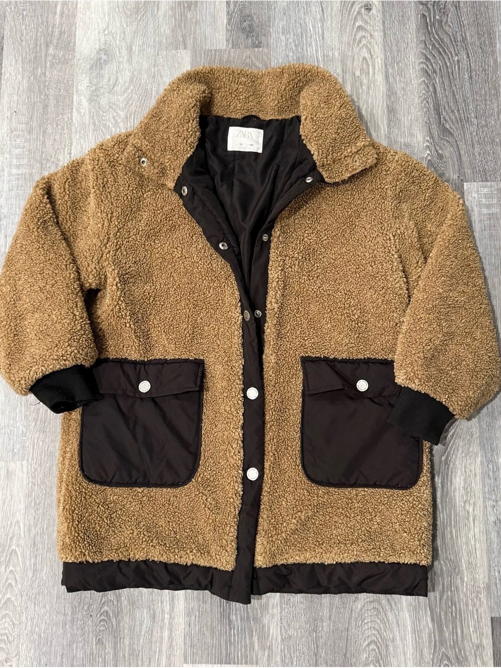 Zara Kids Brown Teddy Sherpa Fleece Barn Jacket with Black Accents Size 10